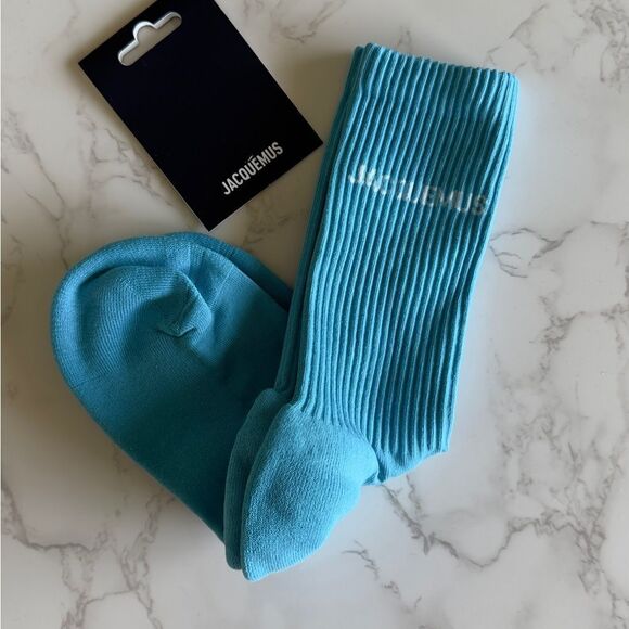 ⭕️ JACQUEMUS Logo Knit Socks Turquoise 39 Large Designer - Picture 5 of 6